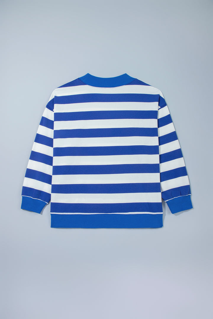 Orange Stripe Ribbed Trim Stand Neck Dropped Shoulder Plus Size Sweatshirt