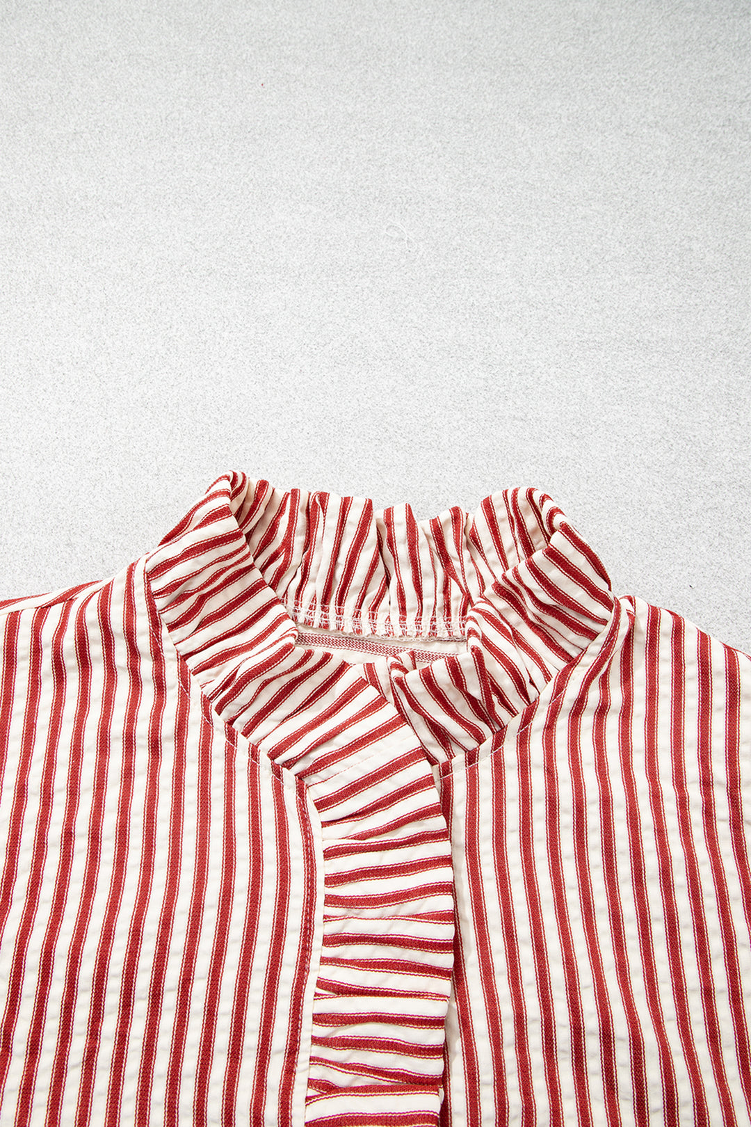 Red Stripe Textured Ruffle Trim Button-Up Long Sleeve Shirt