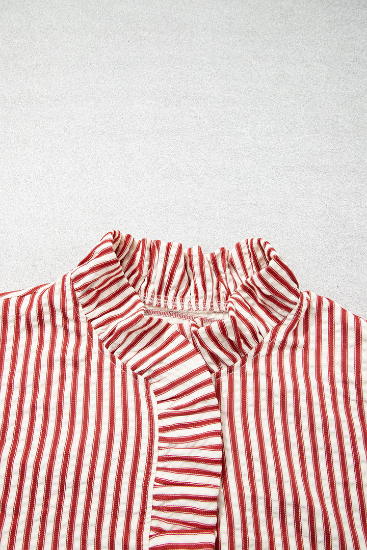 Red Stripe Textured Ruffle Trim Button-Up Long Sleeve Shirt