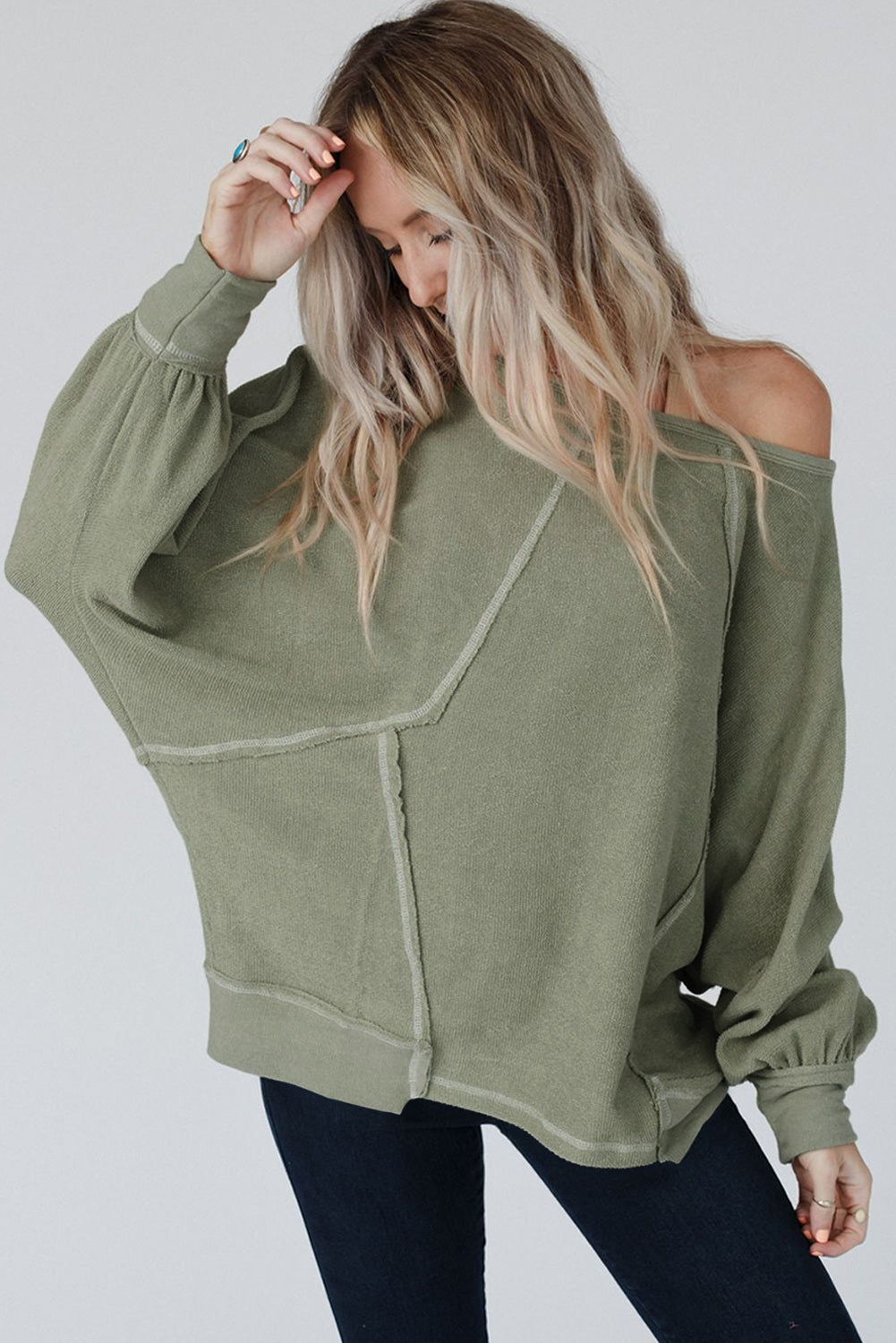 Green Exposed Seam Patchwork Dolman Sleeve Top