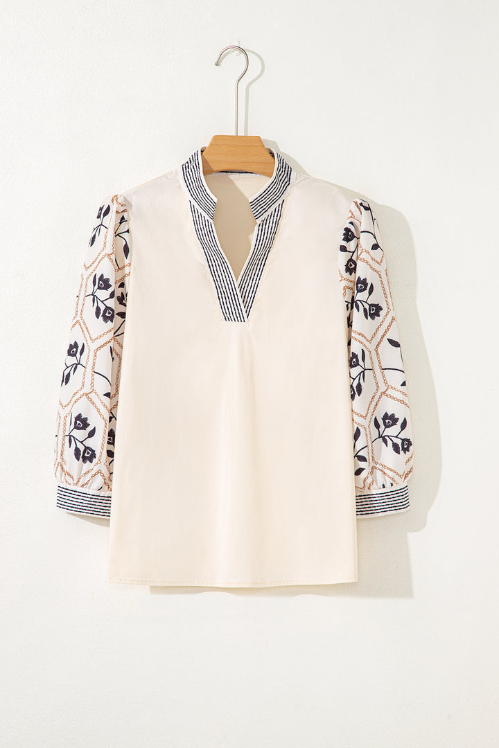 White Floral Puff Sleeve Contrast V Neck Patchwork Blouse