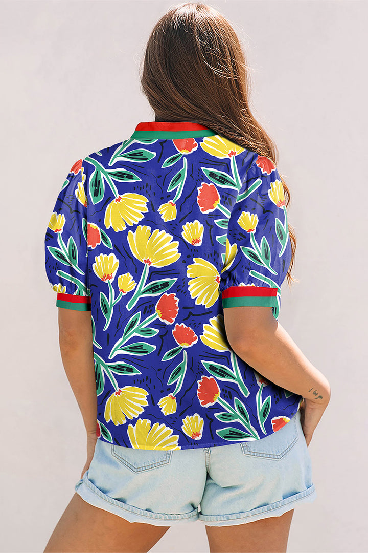 Blue Wild Floral Printed Contrast Striped Patchwork V Neck Short Sleeve Blouse