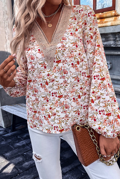 White Floral Long Sleeve Lace V-Neck Blouse