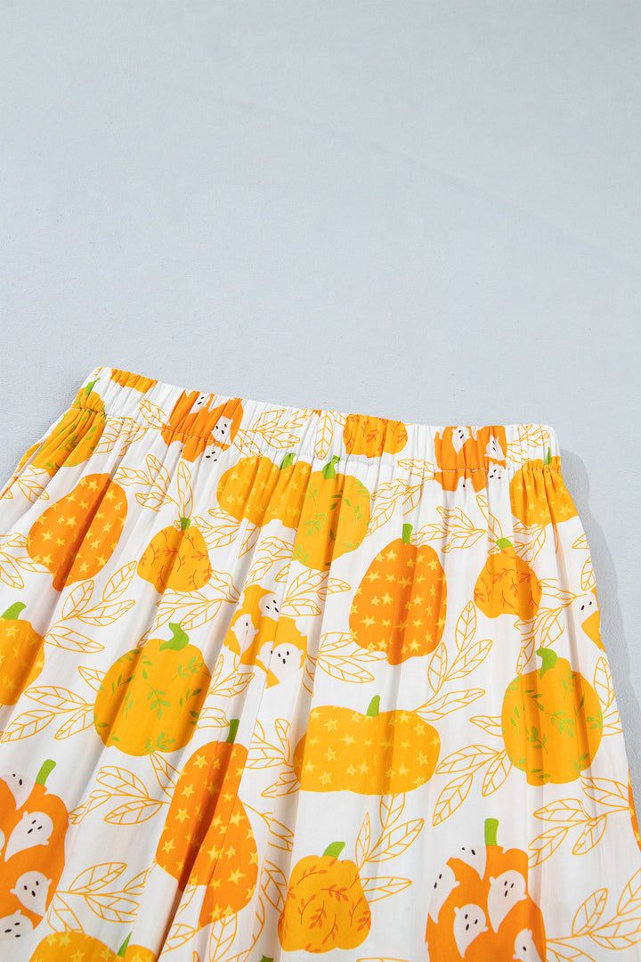 Orange Short Sleeve Pumpkin Print Polka Dot Trim Pocket Pocket Placket Home Wear Lounge Set