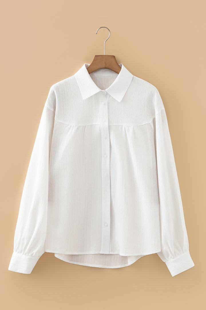 White Crinkled Texture Lantern Sleeve Button Down Loose Shirt