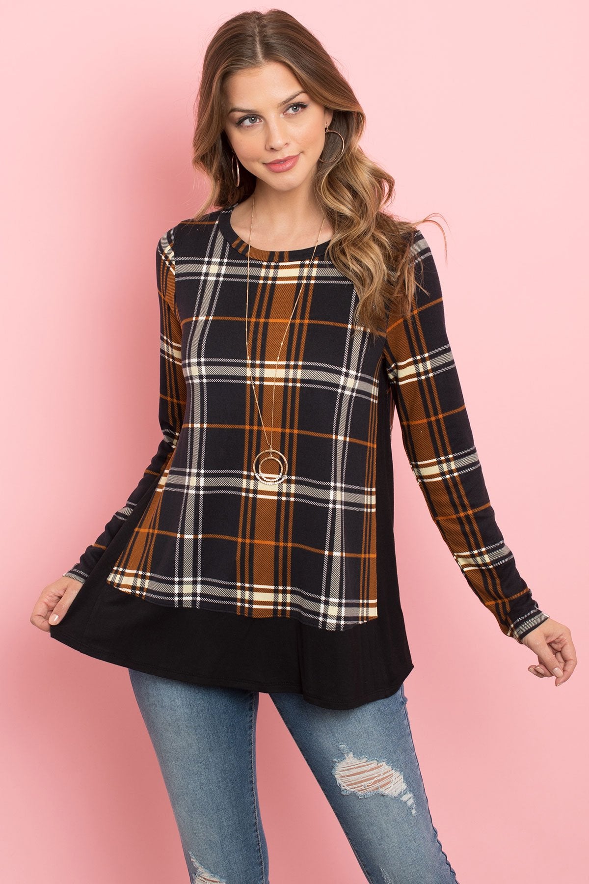 Solid Hem and Side Contrast Plaid Top