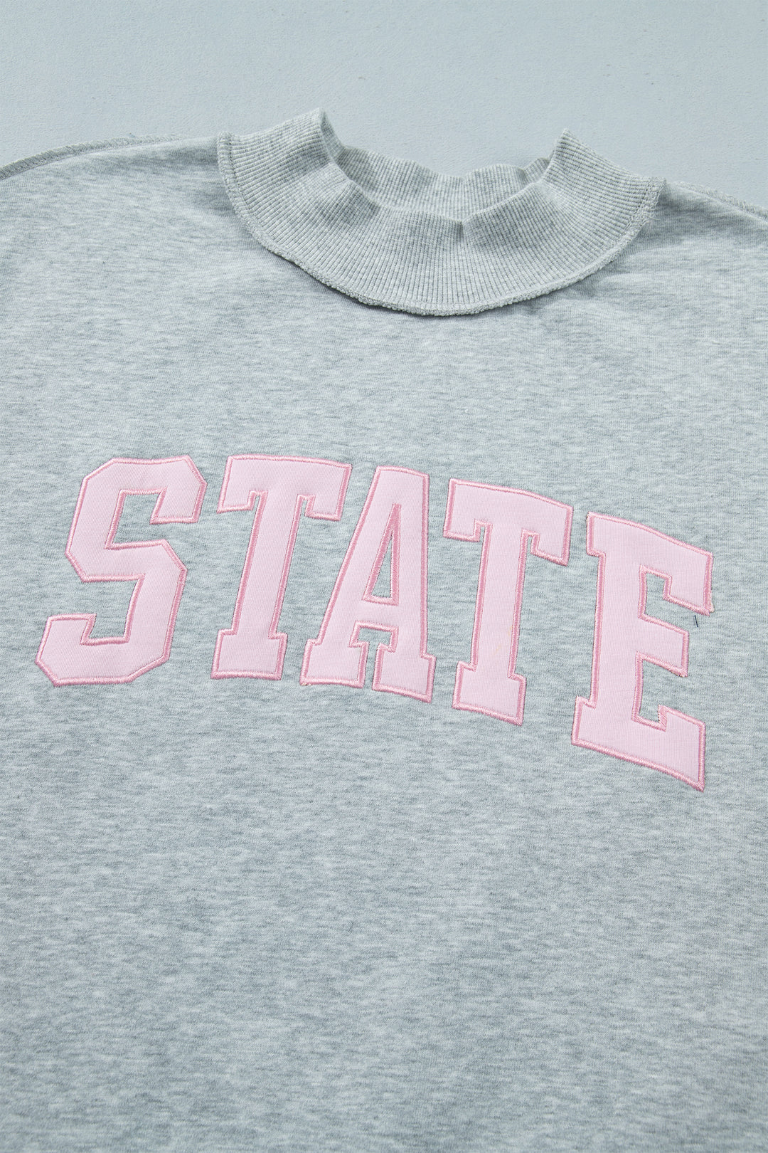 Light Grey Exposed Seam Mock Neck Letter Embroidered Loose Sweatshirt