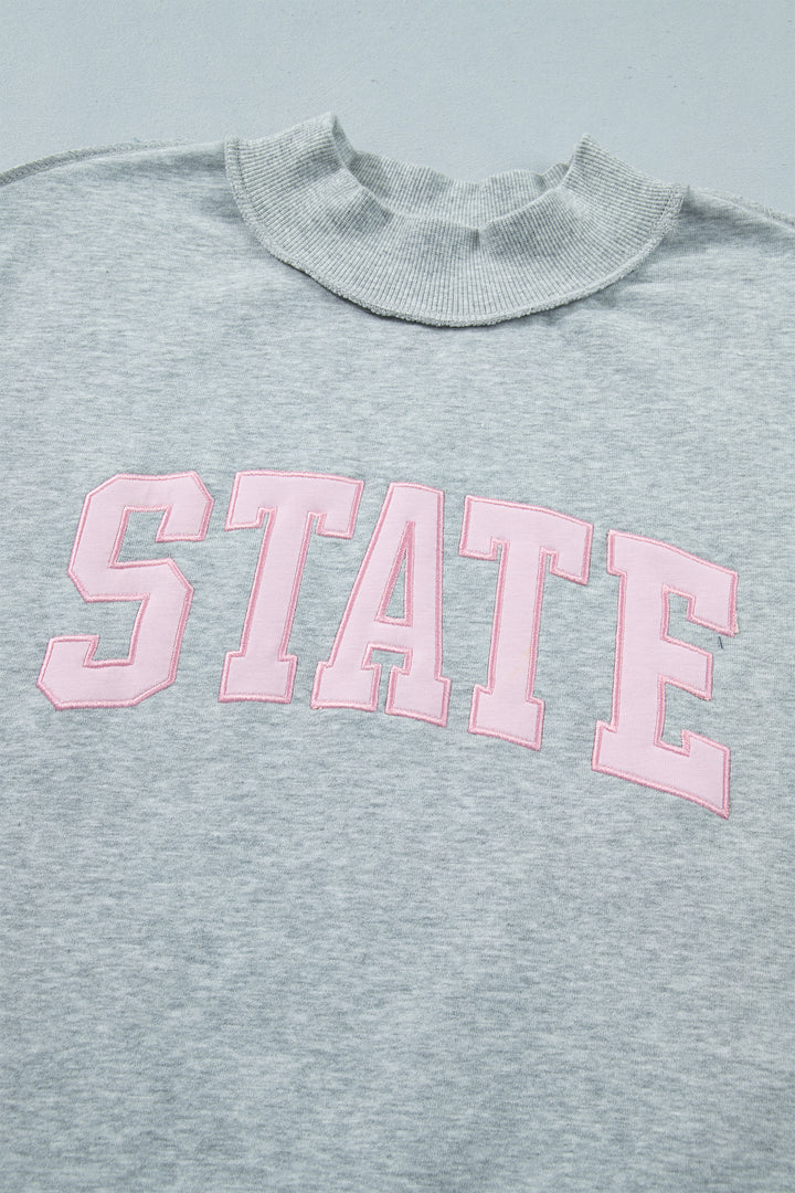 Light Grey Exposed Seam Mock Neck Letter Embroidered Loose Sweatshirt