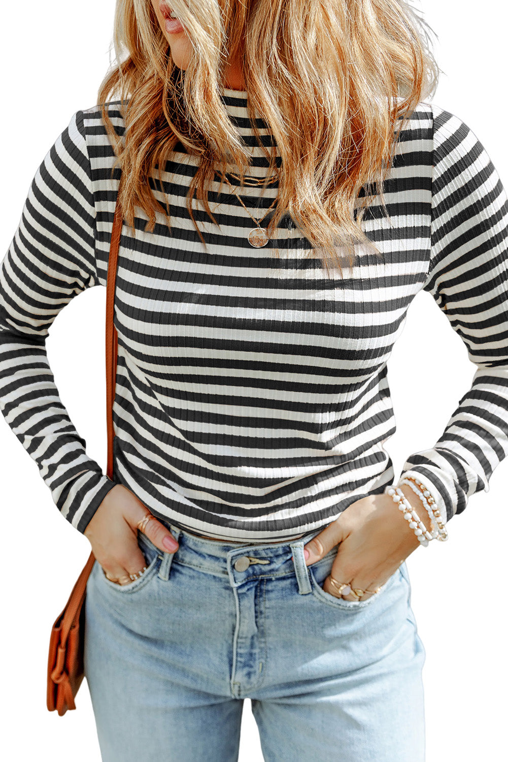 Black Striped Print Textured Knit Long Sleeve Tee