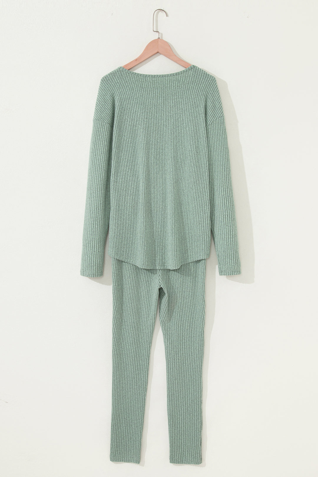 Grass Green Ribbed Notched Neck Knit Long Sleeve Leggings Two Pieces Lounge Set