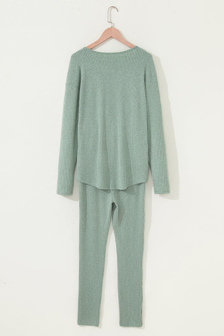 Grass Green Ribbed Notched Neck Knit Long Sleeve Leggings Two Pieces Lounge Set