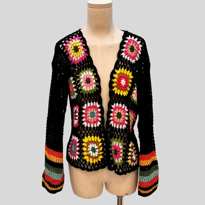 Hand-Crocheted Floral Cardigan Sweater | Boho Open Front Knit Top