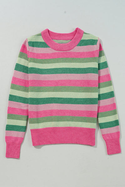 Green Color Block Ribbed Edge Round Neck Sweater