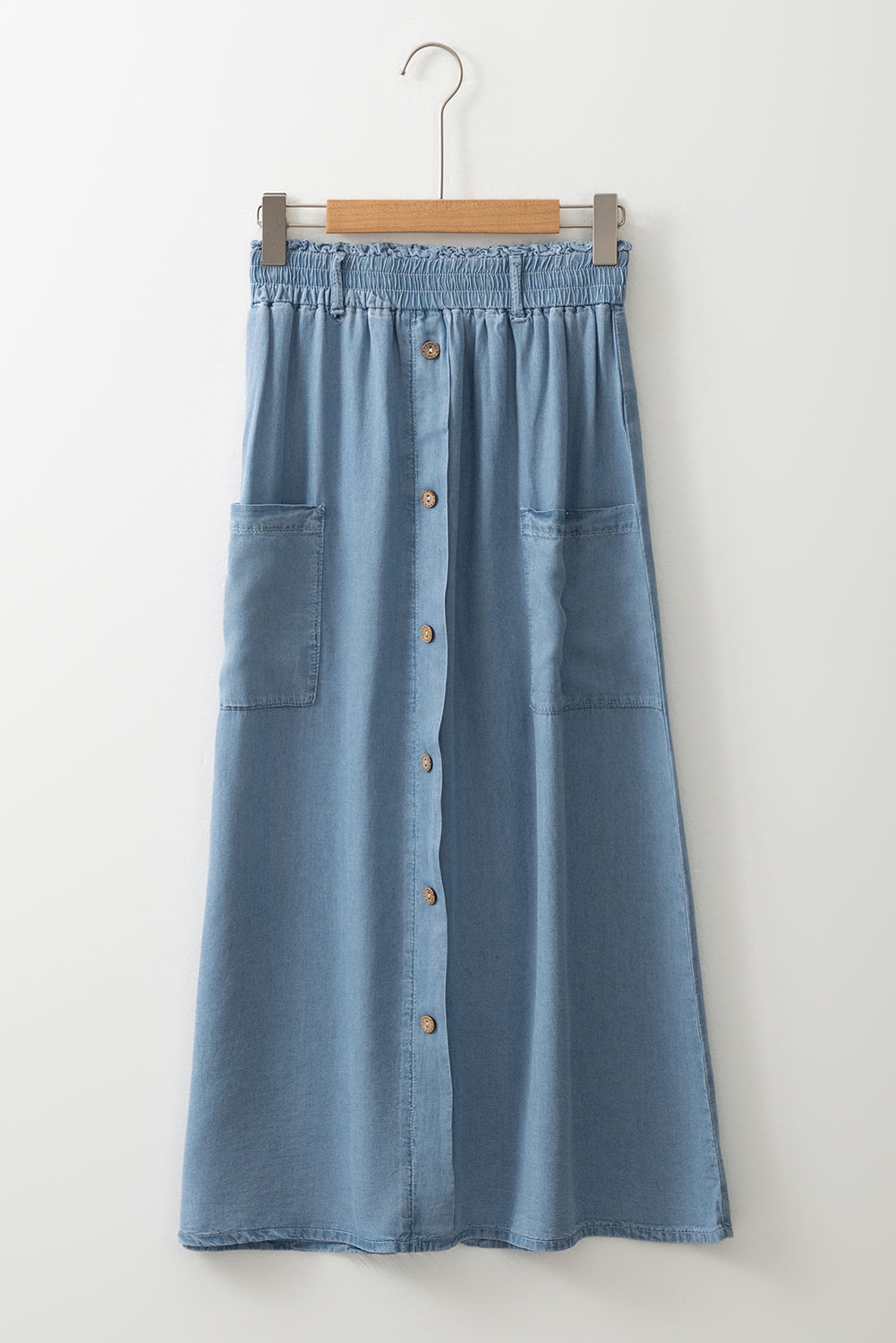 Beau Blue Buttoned Front High Waist Side Pockets Denim Maxi Skirt