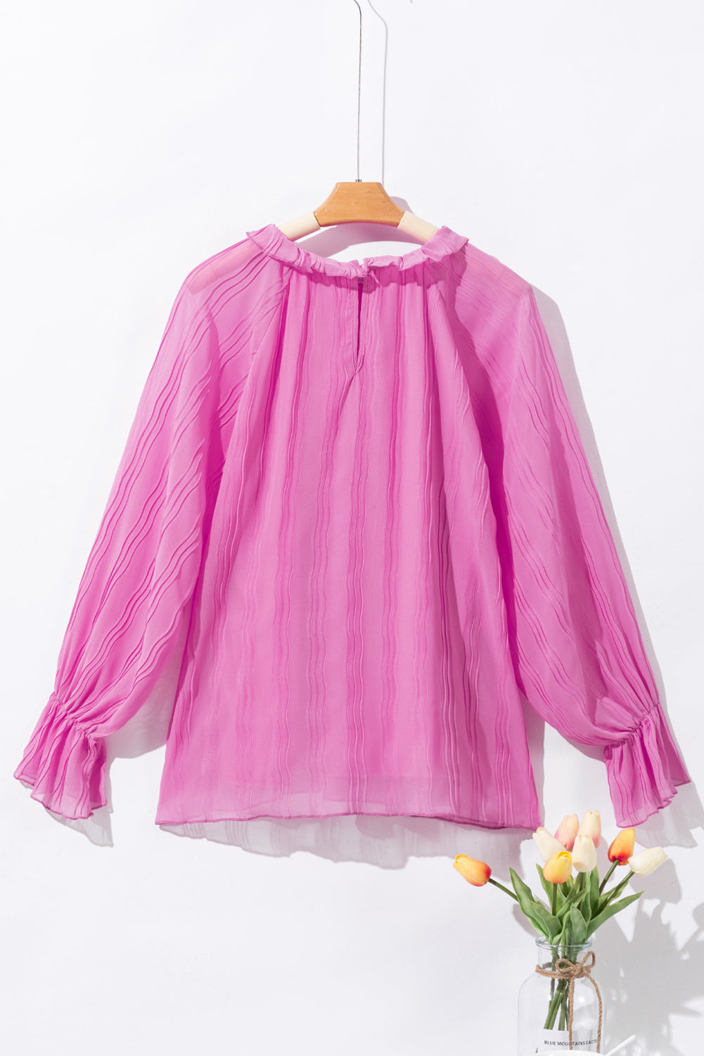 Pink Striking Pleated Flared Cuff Long Sleeve Blouse