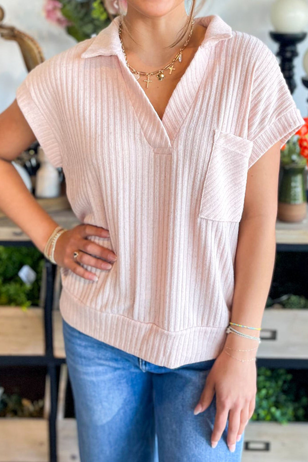 Light Pink Collared V Neck Ribbed Tee
