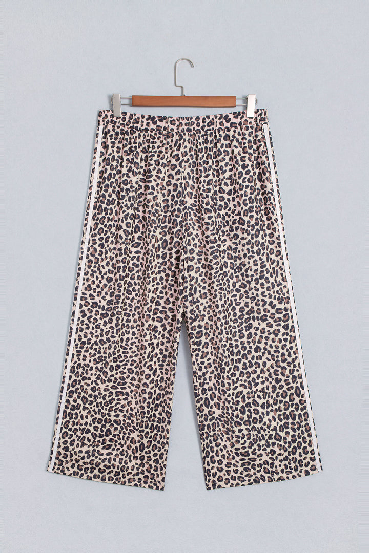 Beige Plus Size Leopard Print Side Stripes Detail Casual Pants