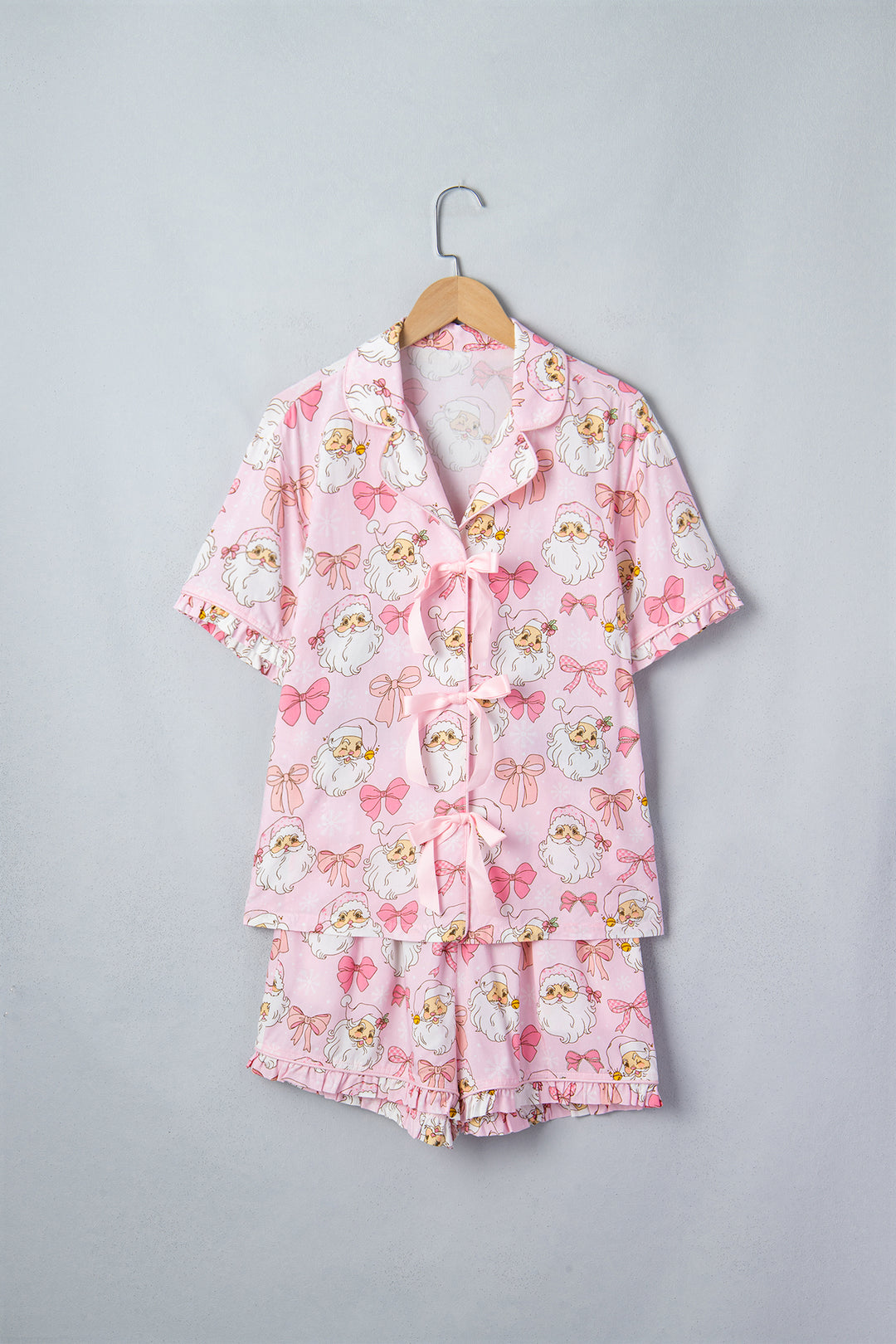 Pink Santa Print Paneling Shift Silhouette Short Sleeve Lounge Set