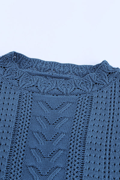 Blue Crochet Lace Pointelle Knit Sweater