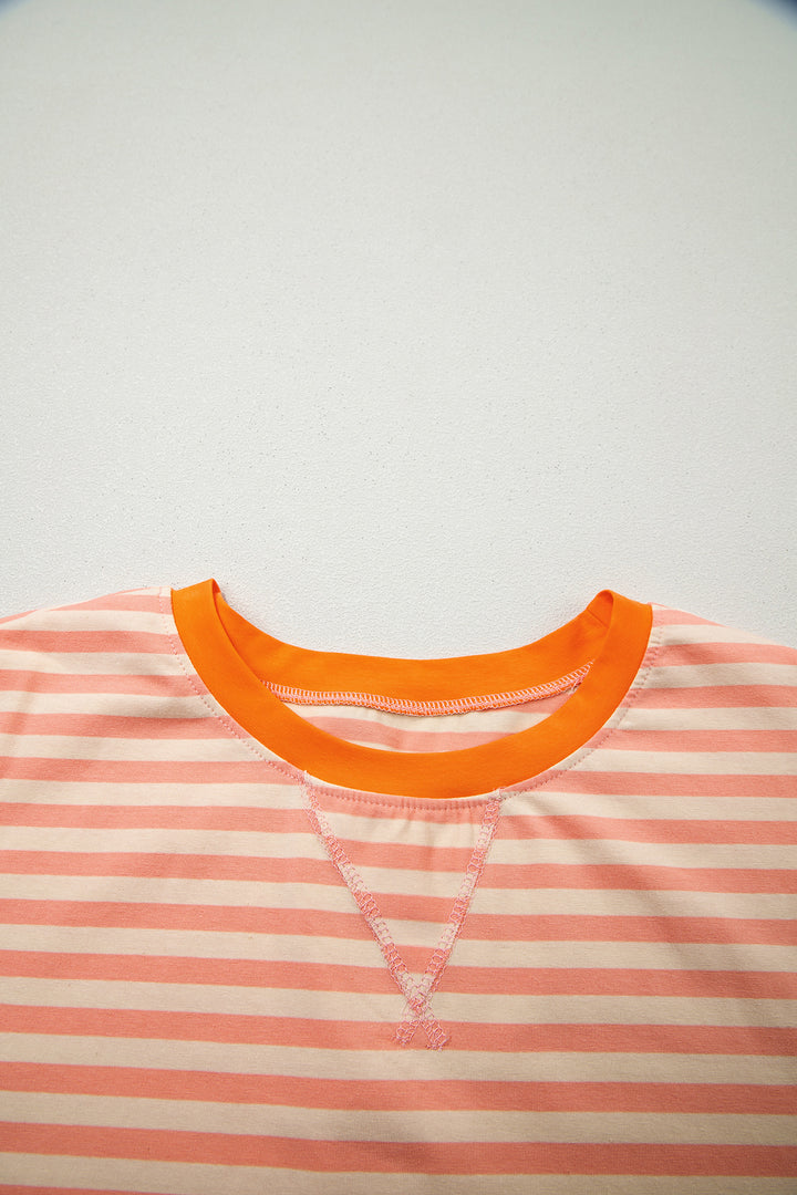 Pink Stripe Drop Shoulder T Shirt and Shorts Plus Size Summer Set