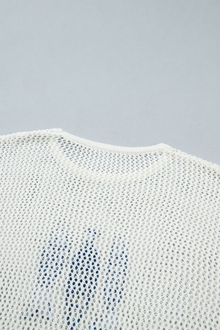 White Open Knit Fish Embroidered Casual Sweater