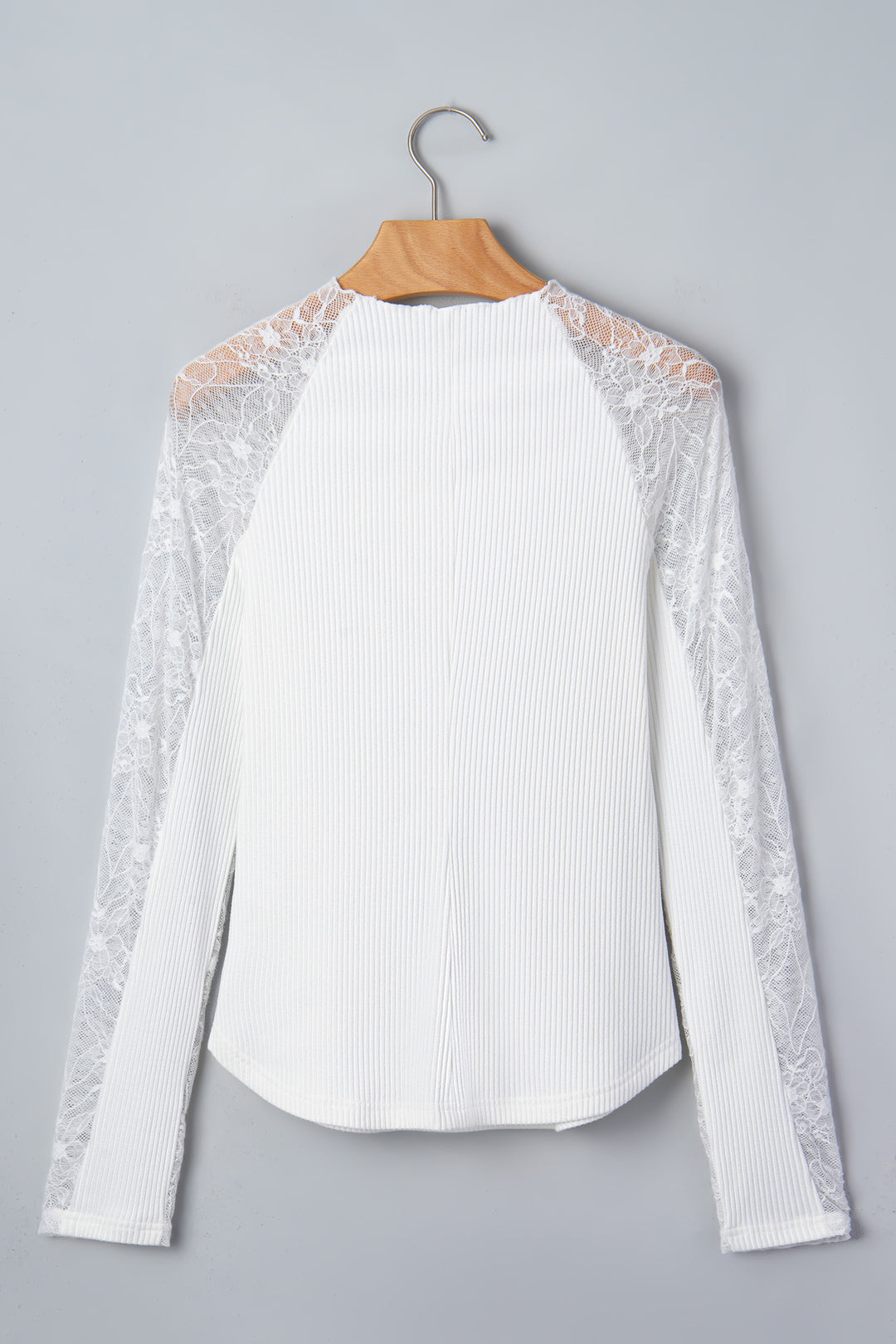 Beige Sheer Lace Long Sleeve Ribbed Slim Top