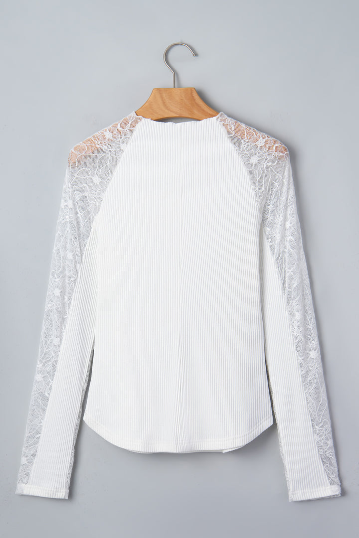 Beige Sheer Lace Long Sleeve Ribbed Slim Top