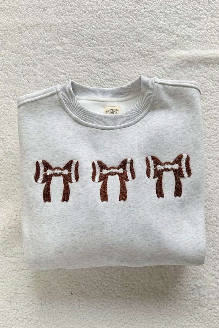 Gray Chenille Embroidered Rugby Bow Game Day Oversized Sweatshirt