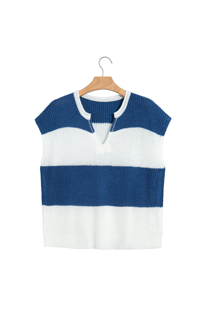 Brown Stripe Striped Colorblock Knit V Neck Short Sleeve Loose Sweater