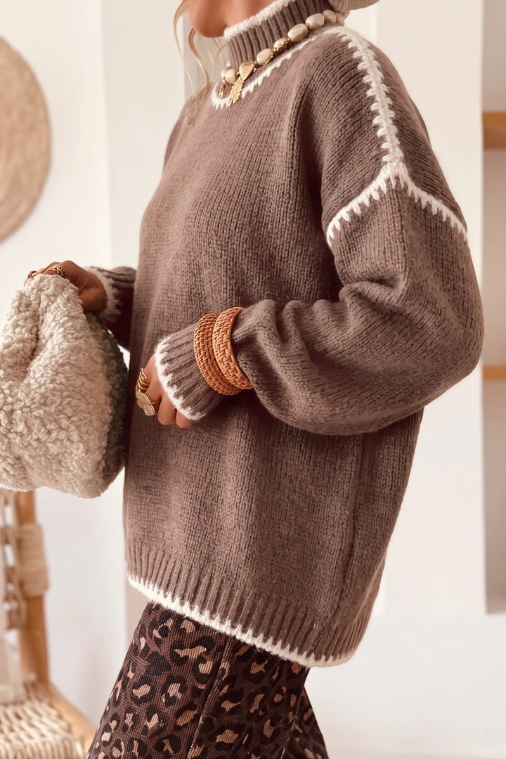 Dark Khaki Contrast Trim Mock Neck Drop Shoulder Relaxed Sweater