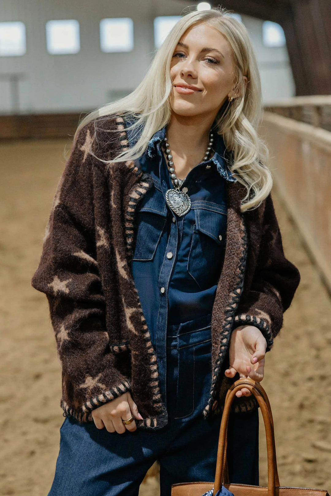 Brown Stars Pattern Colorblock Long Sleeve Shift Cardigan