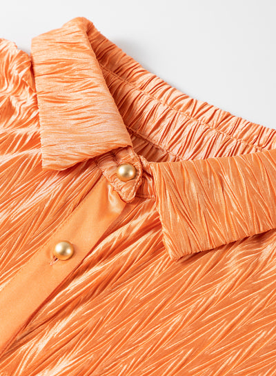 Grapefruit Orange Solid Color Crinkled Wide Sleeve Button up Shirt