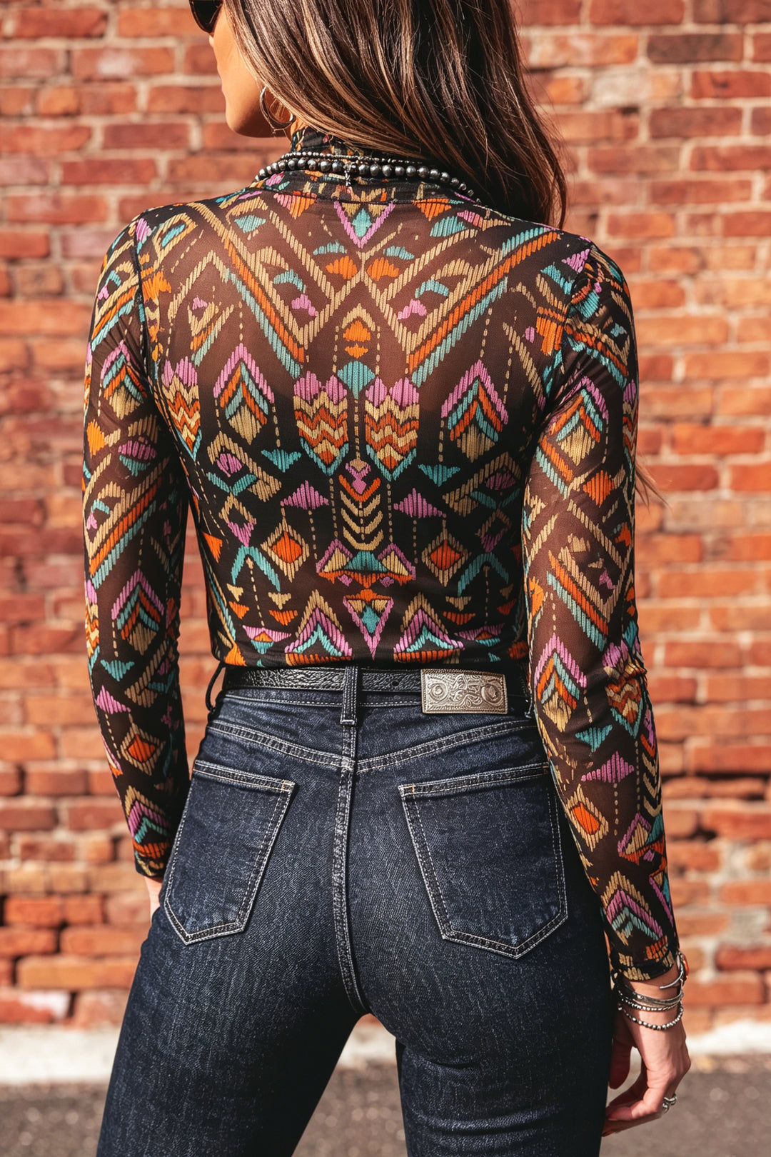 Color black Abstract Print Long Sleeve Stand Neck Mesh Top