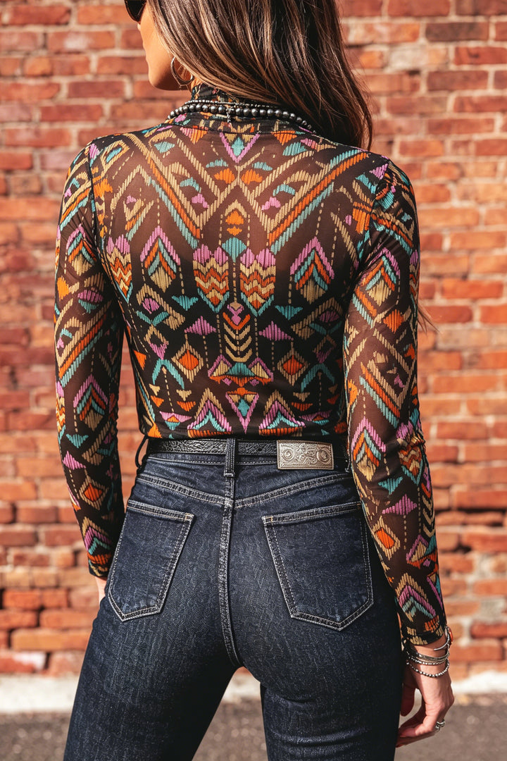 Color black Abstract Print Long Sleeve Stand Neck Mesh Top