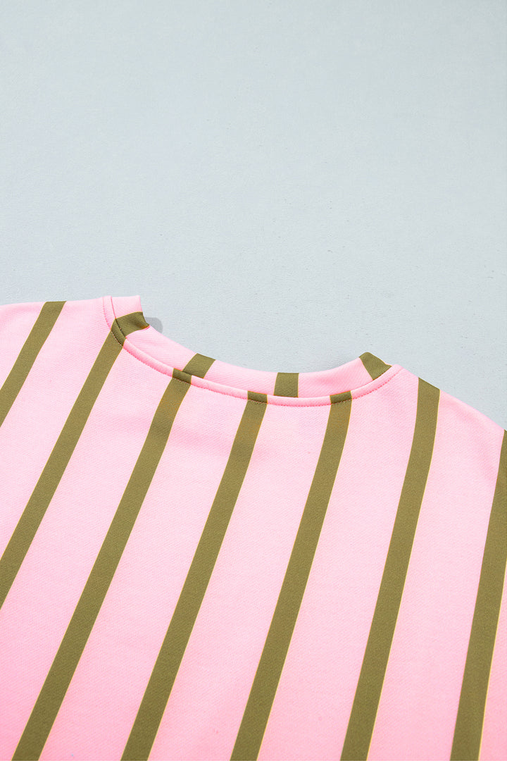 Pink Stripe Dropped Shoulder Round Neck Casual Sweatshirt