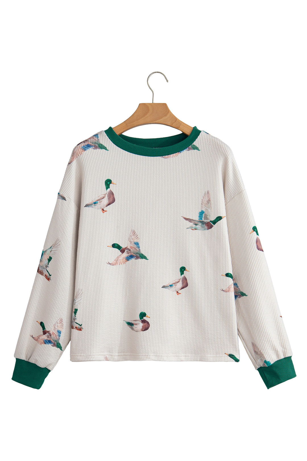 Beige Twisted Ribbed Duck Print Crewneck Casual Pullover Top