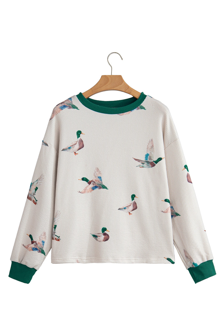 Beige Twisted Ribbed Duck Print Crewneck Casual Pullover Top