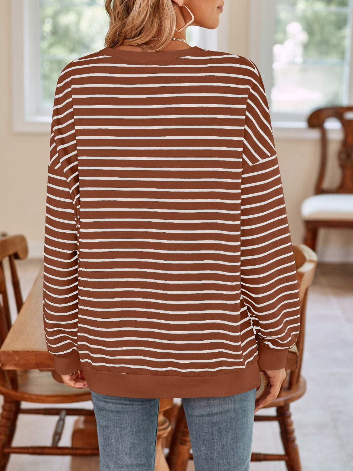 Lovelet Striped Round Neck Long Sleeve Sweatshirt