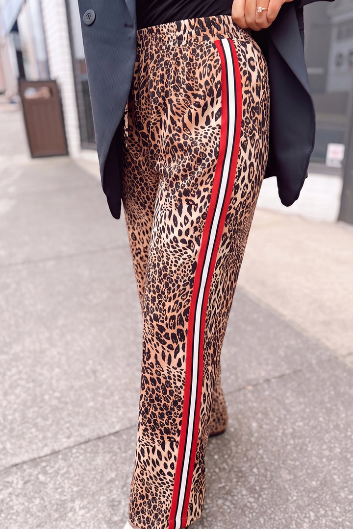 Khaki Leopard Print Colorblock Side Stripes Wide Leg Full Length Plus Size Pants