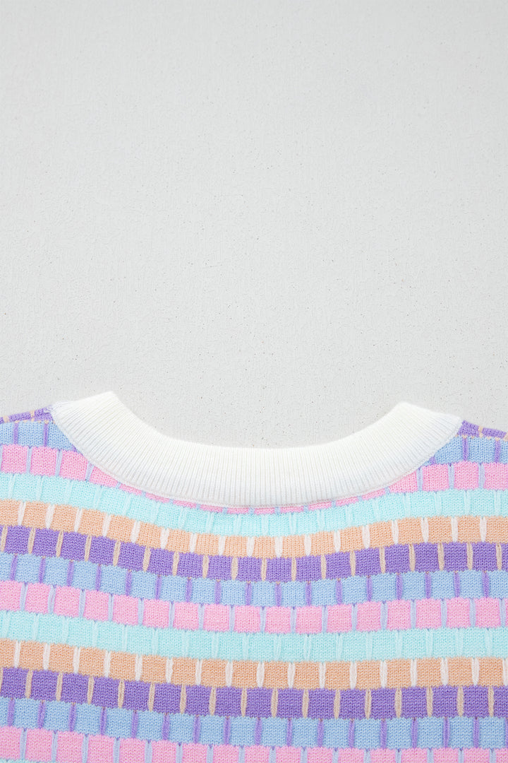 Orange Abstract Striped Knit Short Sleeve Sweater