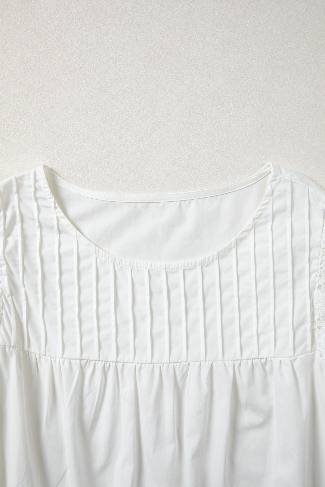 White Lace Detail Flutter Sleeve Pleated Round Neck Blouse