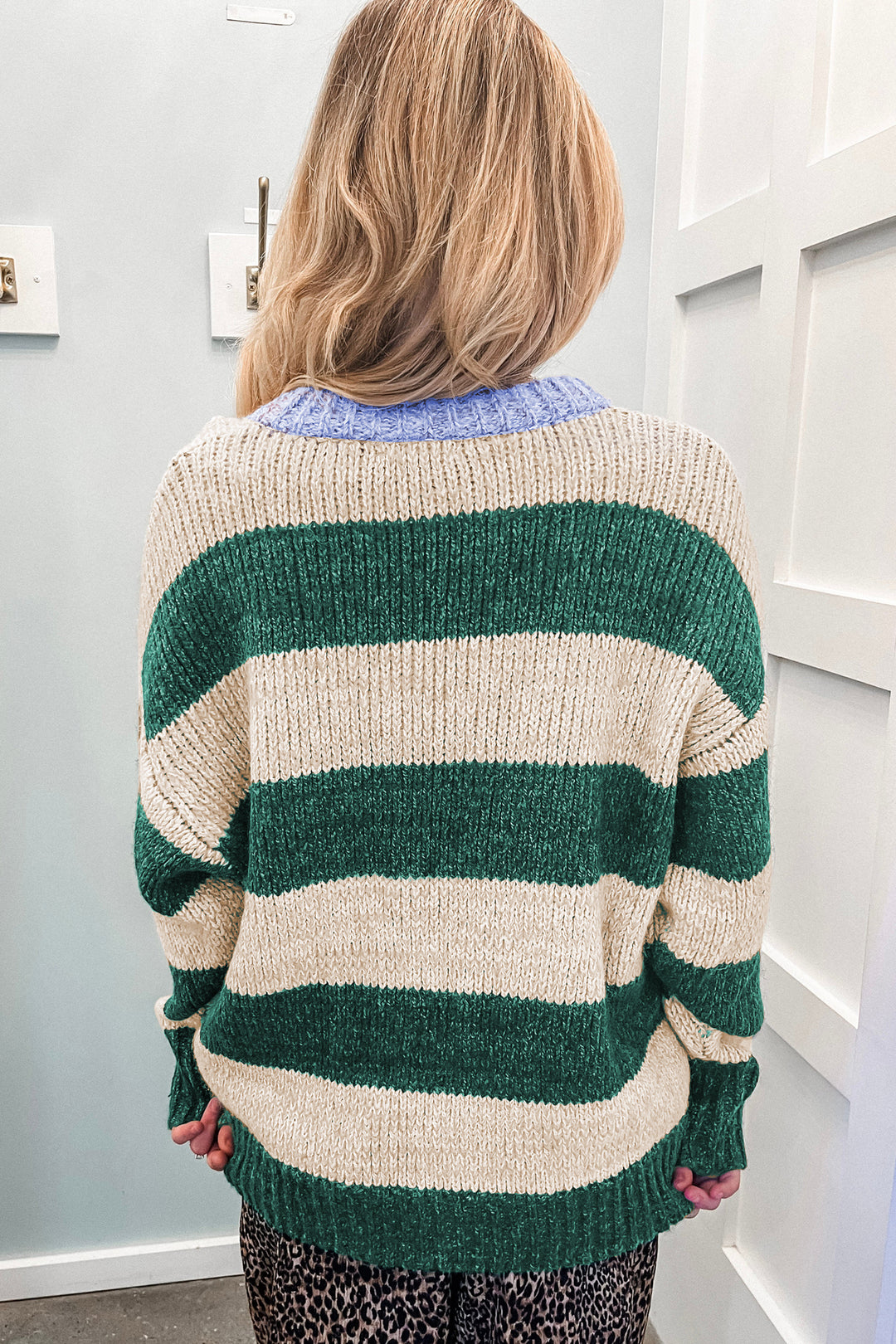 Green Stripe Striped Colorblock Drop Shoulder Pullover Sweater