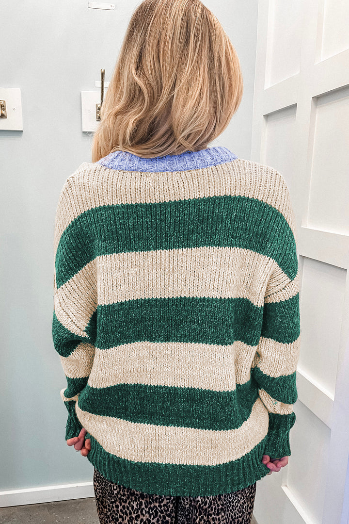 Green Stripe Striped Colorblock Drop Shoulder Pullover Sweater