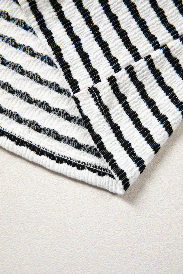 Black Stripe Textured Knit Twisted Rib Contrast Patchwork V Neck Long Sleeve Top