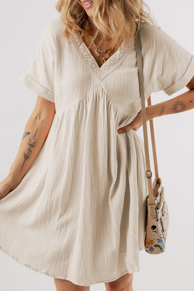 Beige Folded Short Sleeve Lace V Neck Mini Dress