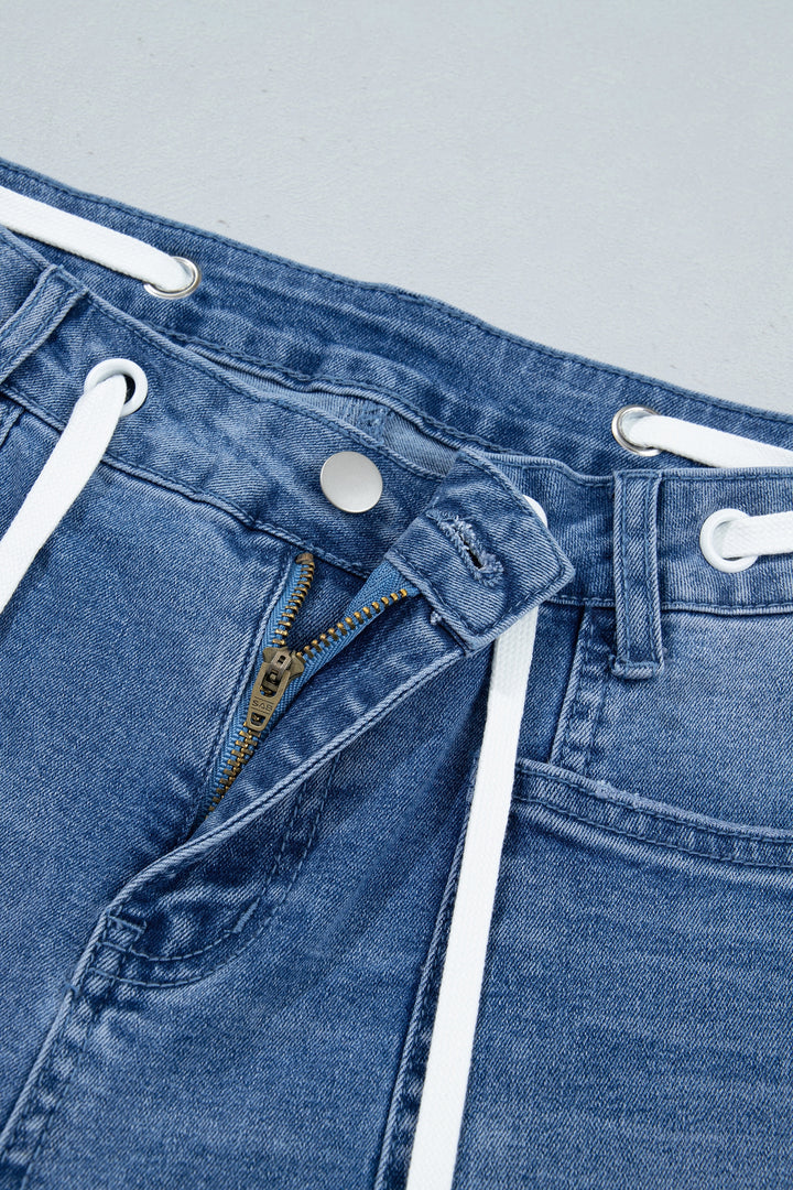 Beau Blue Solid Patchwork Grommet Tie Waist Loose Ankle-Length Jeans