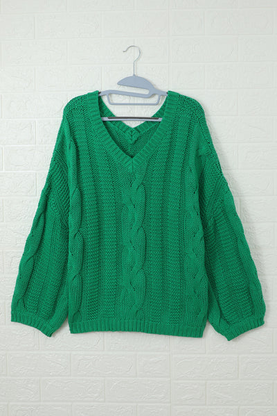 Green Bubblegum V-Neck Braided Knit Sweater