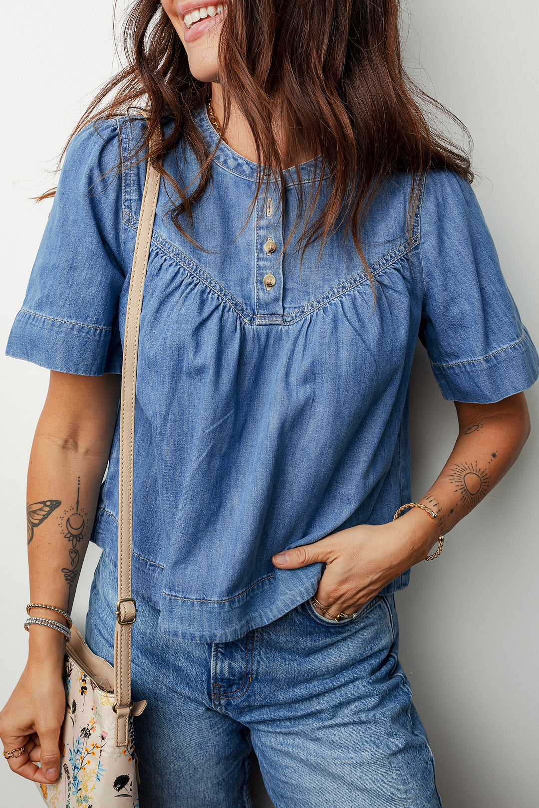 Beau Blue Seam Pleated Detail Half Button Short Sleeve Denim Top