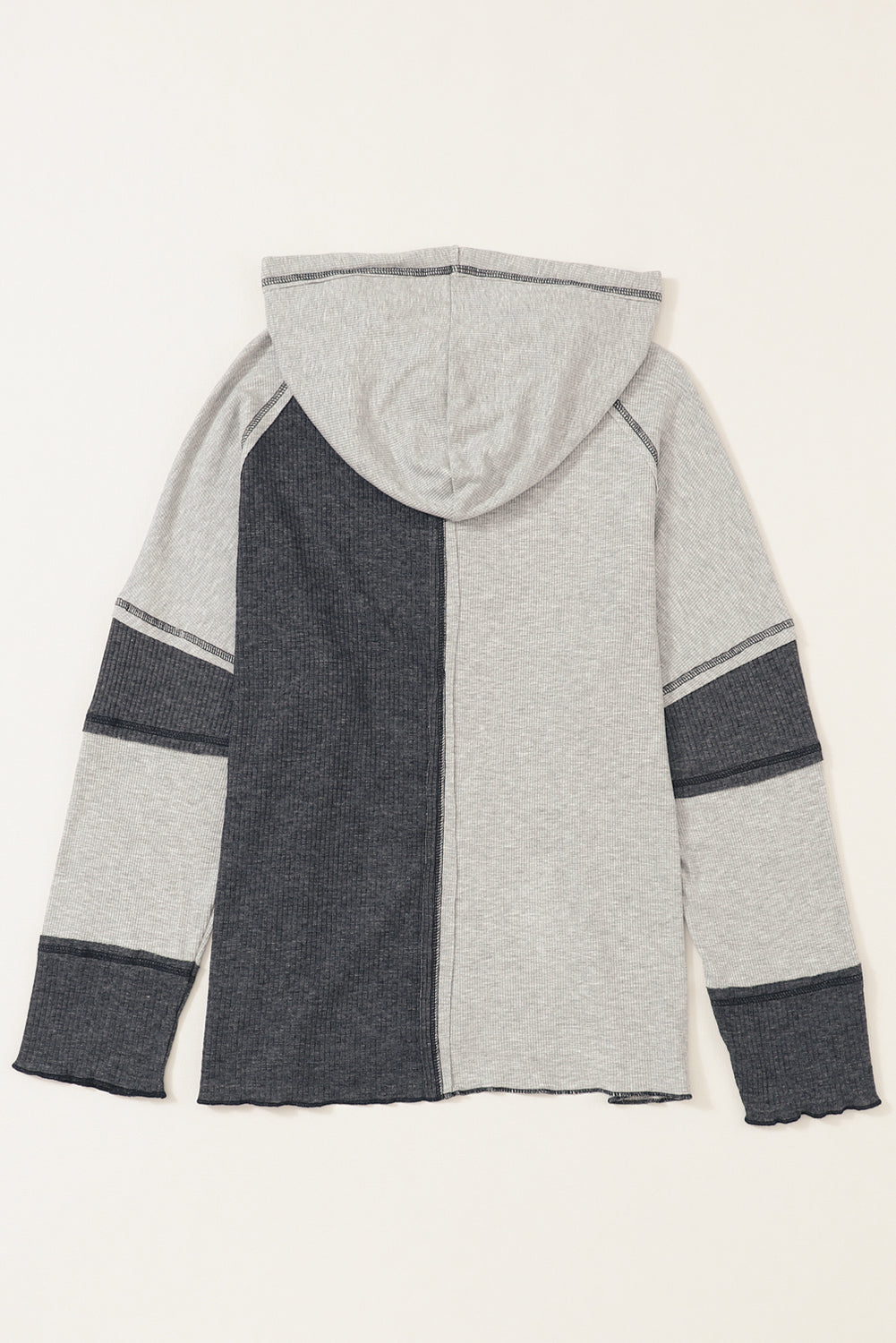 Gray Colorblock Seamed Ribbed Henley Hoodie