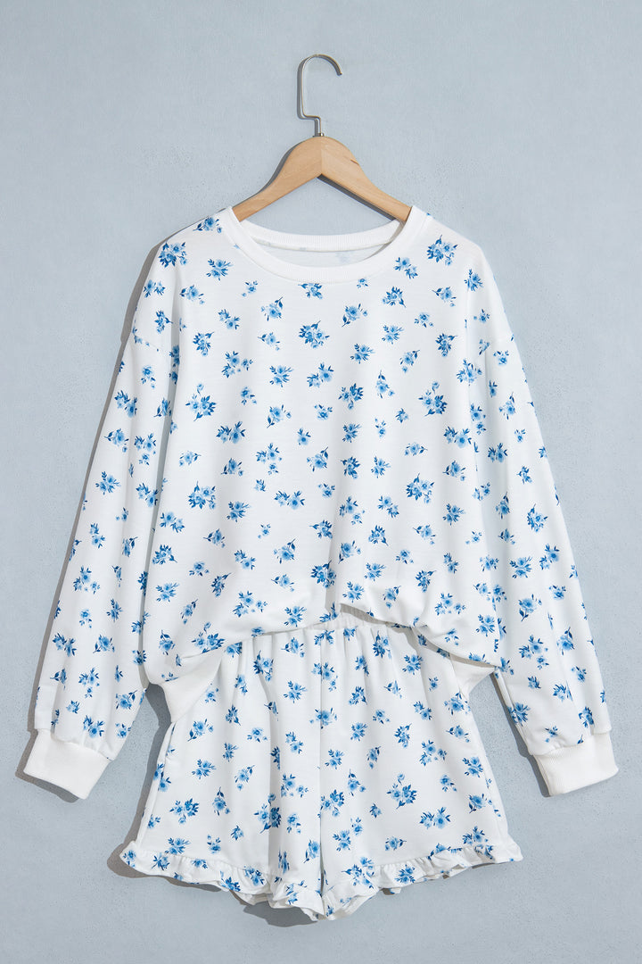 Sky Blue Floral Print Long Sleeve Top Elastic Waist Ruffle Hem Shorts 2pcs Set